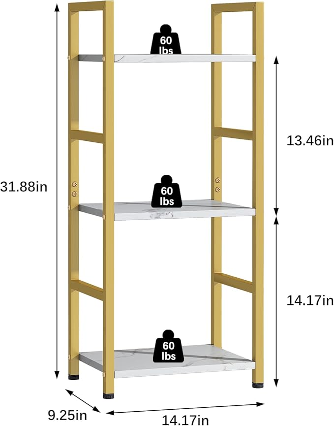 Bookshelf Storage Shelf Bookcase, 3 Tier Industrial Bookcase,Small Book case for Living Room, Bedroom, and Home Office, Easy Assembly Free Combination Multi-Functional Organizer(3 Tier,Gold)