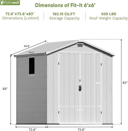 Patiowell 6 x 6 FT Outdoor Storage Shed with Lockable Door & Floor - Resin Garden Tool Shed with Window, Waterproof Easy Assembly for Backyard, Lawn Equipment, Patio Furniture Storage (Light Grey)