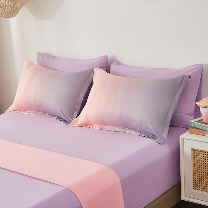 Girls Comforter Set Queen Size Colorful Ombre Blue Pink Purple Rainbow Bedding Set 7 Pieces Bed in A Bag for Kids Teen Girls Women with Comforter, Flat Sheet, Fitted Sheet