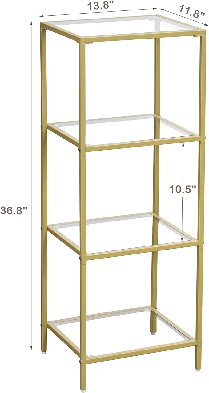4-Tier Bookshelf,Metal Bookcase,Tempered Glass Shelves,Storage Rack Shelf for Home Office,Living Room,Bedroom, Bathroom,Modern Style,Golden