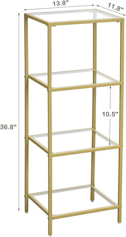 4-Tier Bookshelf,Metal Bookcase,Tempered Glass Shelves,Storage Rack Shelf for Home Office,Living Room,Bedroom, Bathroom,Modern Style,Golden