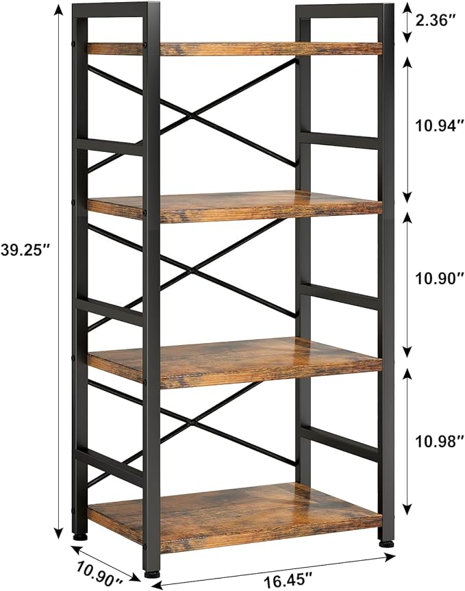 Bookshelf, 4 Tier Small Bookcase, Organizers and Storage, Metal Small Bookcase, Rustic Book Shelf Organization and Storage for Living Room, Bedroom, and Home Office(Rustic Brown)