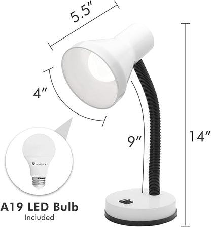 Xtricity Metal Desk Lamp with Adjustable Gooseneck Arm, 6W A19 LED Bulb Included, 120 Volt, Convenient On/Off Switch, 14" Inch Tall (36cm), White Finish