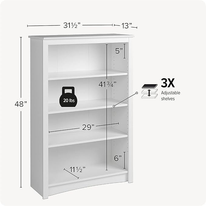 Prepac Home Office 4-Shelf Standard Bookcase, 31.5 in. W x 48 in. H x 13 in. D, White