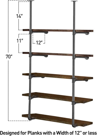 HITOMEN Industrial Iron Pipe Shelves, 2 Set 5-Tier, 70" Tall, 12" Depth, DIY Open Bookshelf Bookcase, Wall Mounted Vintage Retro Shelving, Rustic Farmhouse Pantry Kitchen Storage, Black Shelf Brackets