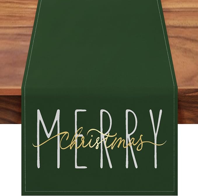 ONWAY Merry Christmas Gold Table Runner Winter Xmas Holiday Kitchen Dining Farmhouse Table Decor for Indoor Outdoor Home Party Decorations 13x72 Inch Green