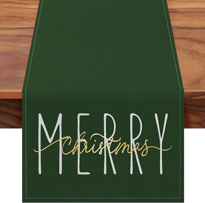 ONWAY Merry Christmas Gold Table Runner Winter Xmas Holiday Kitchen Dining Farmhouse Table Decor for Indoor Outdoor Home Party Decorations 13x72 Inch Green