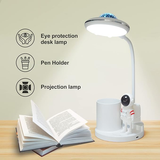 LED Desk Lamp for Kids, Astronaut cute Small Desk Lamp with USB Charging Port, Pen Holder, projection night lights for kids, White desk Lamp, Eye-Caring Study Table Lamp for boys Bedroom