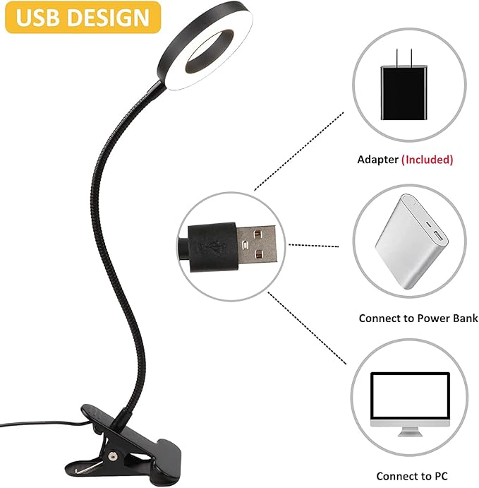 Desk Lamp Clip on Light, Desk Light 48 LED Lamp with 3 Lighting Modes, Dimmable 10 Brightness Levels, 360° Adjustable Gooseneck, Eye-Caring Small Lamp for Bed Headboard Reading（Included Adapter ）
