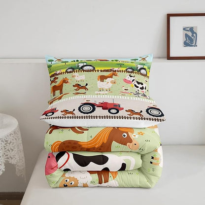 Tractor Bedding Sets for Boys King Size Toddler Kids Cute Cartoon Farm Animals Comforter Set Girls Children Farmhouse Country Down Comforter for All Season Colorful Room Decor Nature Theme Duvet Set