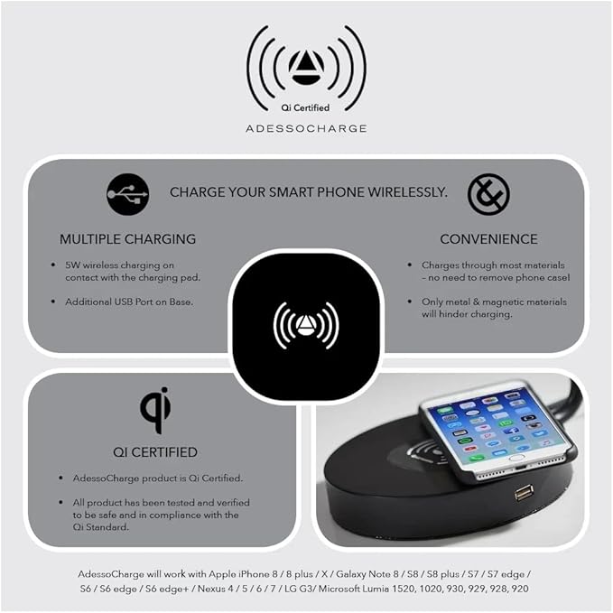 Adesso 5131-21 Emerson Desk Lamp Wireless Charging, 7W LED, 5W QI, USB Port, Indoor Lighting Lamps