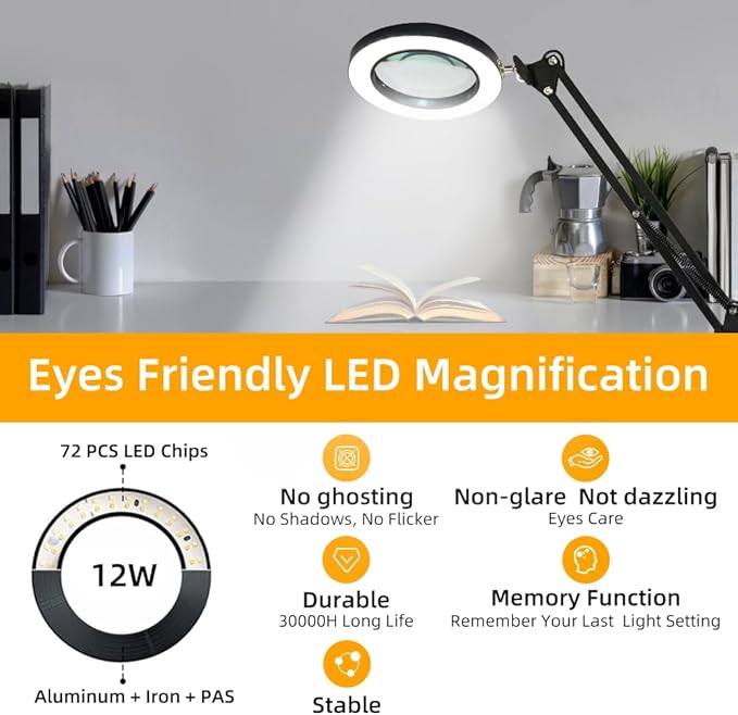 CANMEIJIA 10X Magnifying Glass with Light and Stand,5 Color Modes Stepless Dimmable Clamp on Desk Lamp,2-in-1 Hands-Free Magnifier Lamp for Craft,Painting,Soldering,Hobby,Sewing,Close Work,Reading