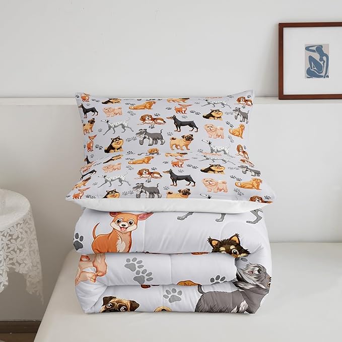 Kids Cute Dog Comforter Set Cartoon Dogs Bedding Set for Boys Girls Pet Dog Puppy Animal Lover Comforter Lovely Dog Paw Comforter for All Season Room Decor King Size Boys