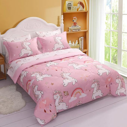 Wajade Kids Pink Unicorn Comforter Set Bed in A Bag Twin Size 7 Piece Cute Unicorn Rainbow Clouds Bedding Set for Girls (1 Comforter, 1 Flat Sheet, 1 Fitted Sheet, 2 Pillowcase and 2 Pillow Sham)