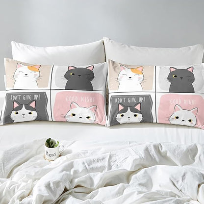 Erosebridal Kawaii Cats Comforter Set Queen,Pink Grey Cute Little Cat Down Comforter Adorable Kitten Animal Bedding Set For Kids Boys Girls Patchwork Cartoon Doodle Quilt Duvet Set With 2 Pillow Cases