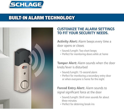 SCHLAGE Connect Camelot Touchscreen Deadbolt with Built-In Alarm and Handleset Grip with Accent Lever, Satin Nickel, FE469NX ACC 619 CAM LH, Works with Alexa