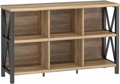 FATORRI 6 Cube Storage Organizer with Shelf, Long Wood and Metal Cubby Bookcase, Industrial Horizontal Bookshelf (Rustic Oak, 47 Inch)