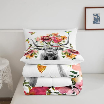 Erosebridal Highland Cow Floral Comforter Set Twin Size Bull Cattle Flower Bedding Set Wildlife Farmhouse Cow Quilt Hummingbird Duvet Insert Soft All Season White Down Comforter with 1 Pillowcase