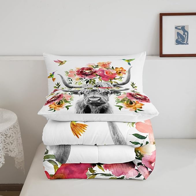 Erosebridal Highland Cow Floral Comforter Set Queen Size Bull Cattle Flower Bedding Set Wildlife Farmhouse Cow Quilt Hummingbird Duvet Insert Soft All Season White Down Comforter with 2 Pillowcases