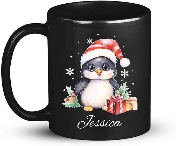 Customized Christmas Themed Black Cup, Personalized Cute Xmas Penguin Mug With Name, Gift For Christmas, Custom Animal Wearing Santa Hat Design Cup, Christmas Animal Coffee Mug 11oz 15oz