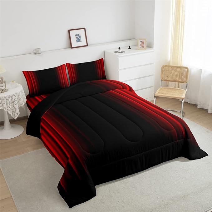 Abstract Ombre Comforter Set Kids Teens Red and Black Bedding Set Room Decor 3Pcs Full Size