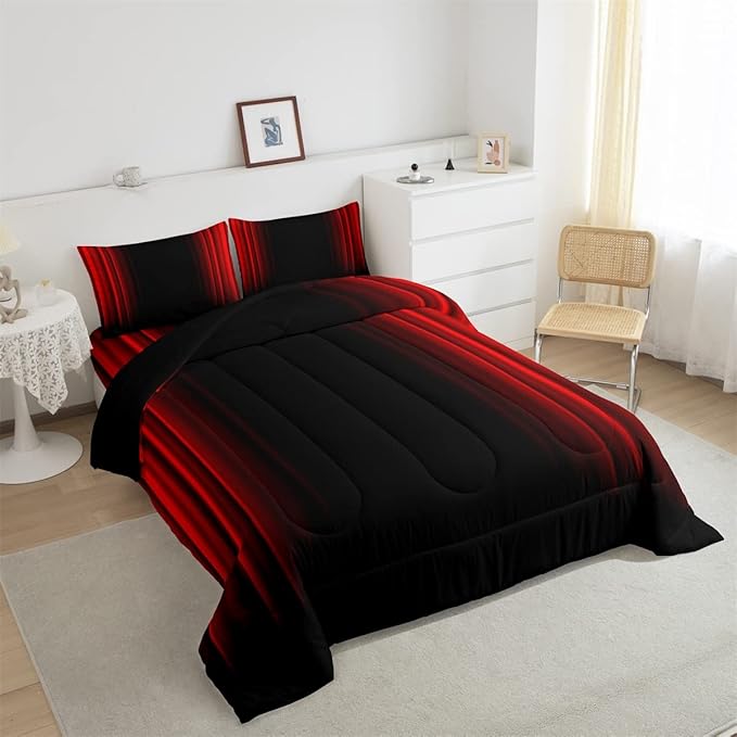 Feelyou Abstract Ombre Comforter Set Kids Teens Red and Black Bedding Set Room Decor 3Pcs Queen Size