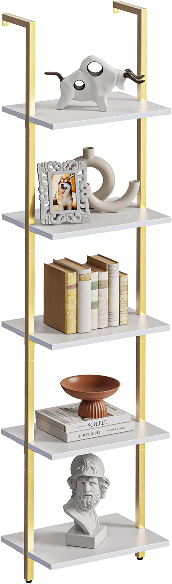 SUPERJARE 5 Tier Bookshelf, Narrow Book Shelf with Open Display Shelves, Small Bookcase with Metal Frame for Bedroom, Living Room, White and Gold