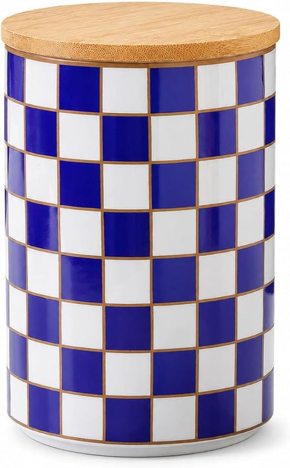 Kitchen Countertop Ceramic Checkered Canisters,Black And White Food Storage Containers With Lid,Airtight Kitchen Canisters for Flour, Sugar, Coffee, Tea, and Dry Goods (Blue, XL)