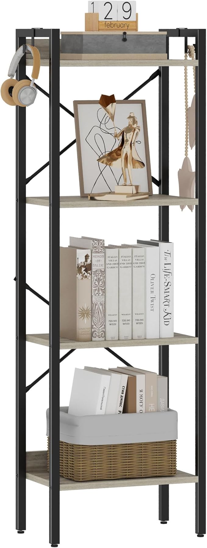Bookshelf, Book Shelf, Industrial Bookcase with 2 Hooks, Coner Shelf Storage Organizer for Home Office, Living Room, Bedroom, Kitchen, 4-Tier Greige BC10405B
