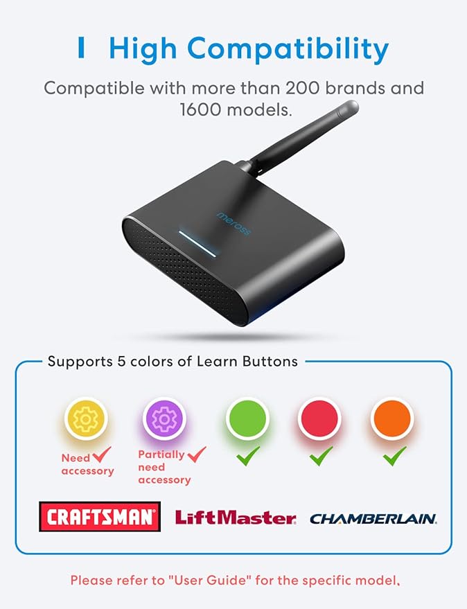Smart Garage Door Opener Remote with External Antenna, Compatible with Amazon Alexa, SmartThings, Control Up to 3 Single Doors(with 2 Door Sensors)