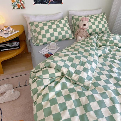 Wellboo Green White Plaid Comforter Sets King Women Men Sage Green Checkerboard Grid Bedding Comforters Cotton Boys Girls Modern Grass Green and White Checkered Geometric Quilts Luxury Abstract Bed