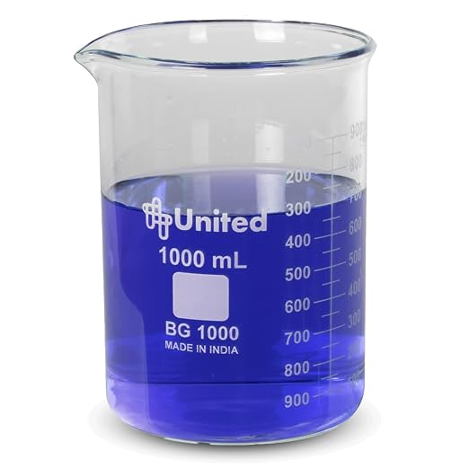 United Scientific™ Borosilicate Glass Beaker, 1000ml, Autoclavable, 1 Each | Chemistry Glassware, Low Form Griffin Design, Molded Pour Spout, ASTM-E960 Compliant, Double Scale Graduated