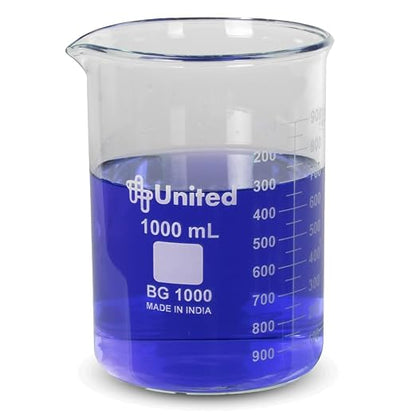 United Scientific™ Borosilicate Glass Beaker, 1000ml, Autoclavable, 1 Each | Chemistry Glassware, Low Form Griffin Design, Molded Pour Spout, ASTM-E960 Compliant, Double Scale Graduated