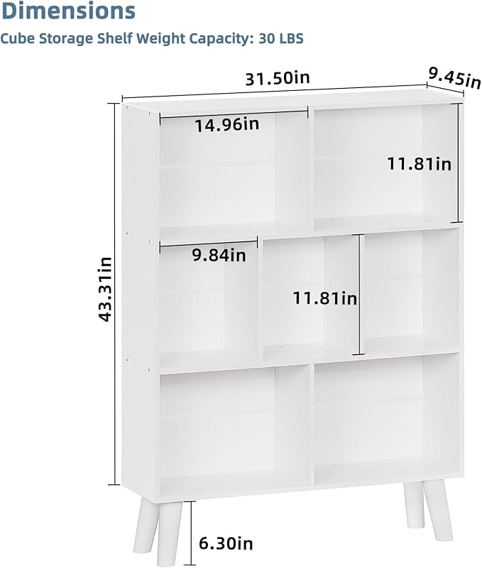 YAHARBO Pure White Bookshelf,3 Tier Book Shelf with Legs, 7 Cube Simple Bookcase,Storage Organizer Shelves Display Bookcases for Bedroom,Living Room