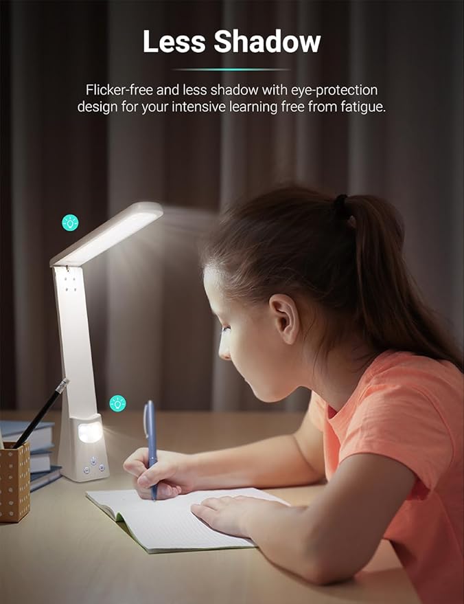 LED Desk Lamp with Night Light Foldable Portable High Brightness Eye Care Lamp. Touch Control, Rechargeable, for Home Reading Light, Office and Dormitory (White 2.0)