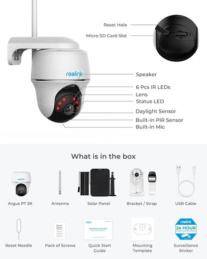 REOLINK Security Camera Wireless Outdoor, Pan Tilt Solar Powered, 5MP 2K+ Color Night Vision, 2.4/5GHz WiFi, Works with Smart Home for Surveillance, Home Hub Compatible, Argus PT + Solar Panel