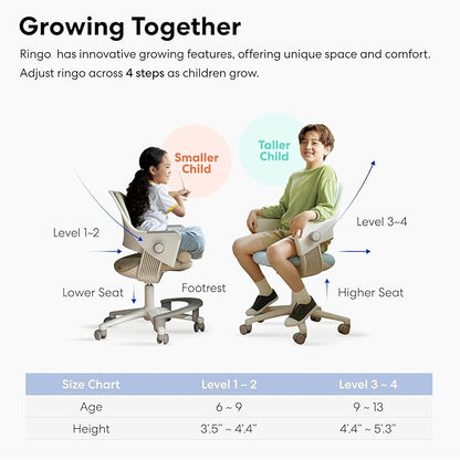 SIDIZ ringo Kids Desk Chair : Ergonomic Kids Chair with Footrest, 4-Step Growing Function, Adjustable Seat Height, Sit-Locking Casters, Swivel Type Kids Chair (Rosy Pink Chair)