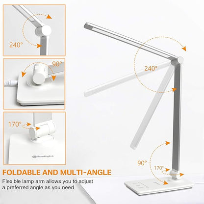 Desk Lamp, Desk Light, Dimmable Table Lamp, 7W, 5 Color Modes, 6 Brightness Levels, Touch Control, Memory Function, LED Foldable Led Lamp for Reading, Working, Office, Study (Silver)