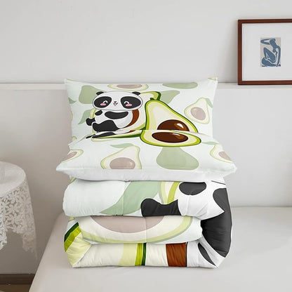 Erosebridal Panda Comforter Set Full,Avocado Bedding Set Cute Black White Panda Bedding Bear Cat Bedding Comforter for Kids Boys Girls Green Tropical Fruit Quilt Duvet Set Room Decor 2 Pillow Cases