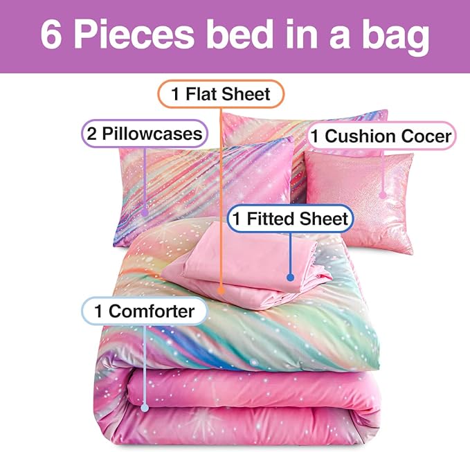 Btargot Super Soft 6 Pieces Gradient Star Ring Comforter Set, Colorful Glitter Rainbow Star Pattern Bedding Set for Boys Girls Teens,Queen Pink
