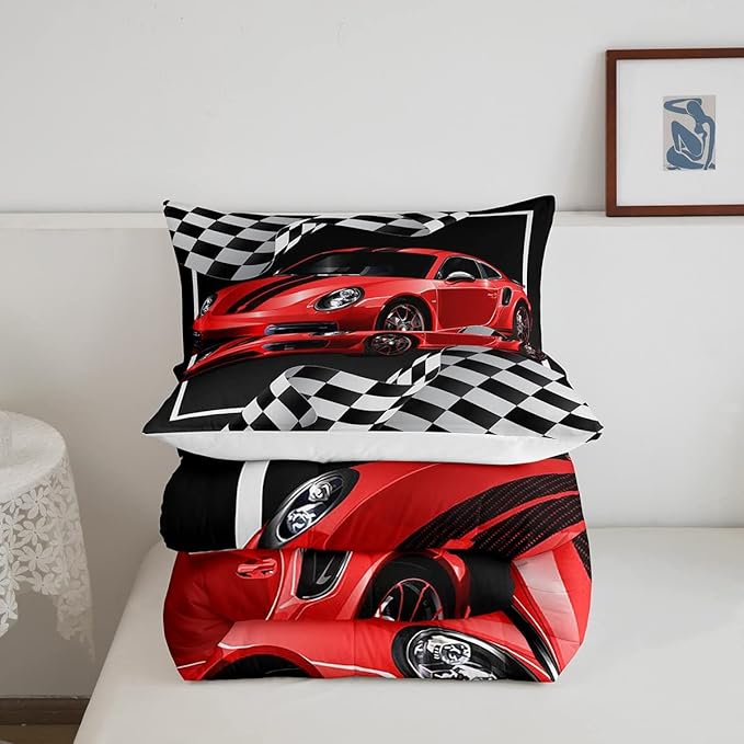 Red Race Car Comforter Set Queen Size, Black White Plaids Geometric Bedding Set 3pcs for Kids Teens Boys Men Room Decor,Extreme Sports Games Racing Flags Quilt Set,2 Pillowcases