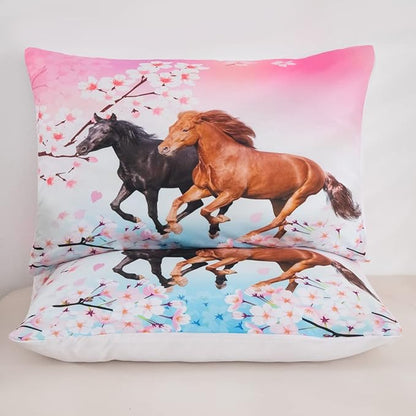 Feelyou Girls Horse Comforter Set Full Size Galloping Horses Bedding Set for Kids Teens Cherry Blossom Comforter 3D Wild Animal Duvet Set Farmhouse Bedroom Decor Quilt Set with 2 Pillow Cases 3Pcs