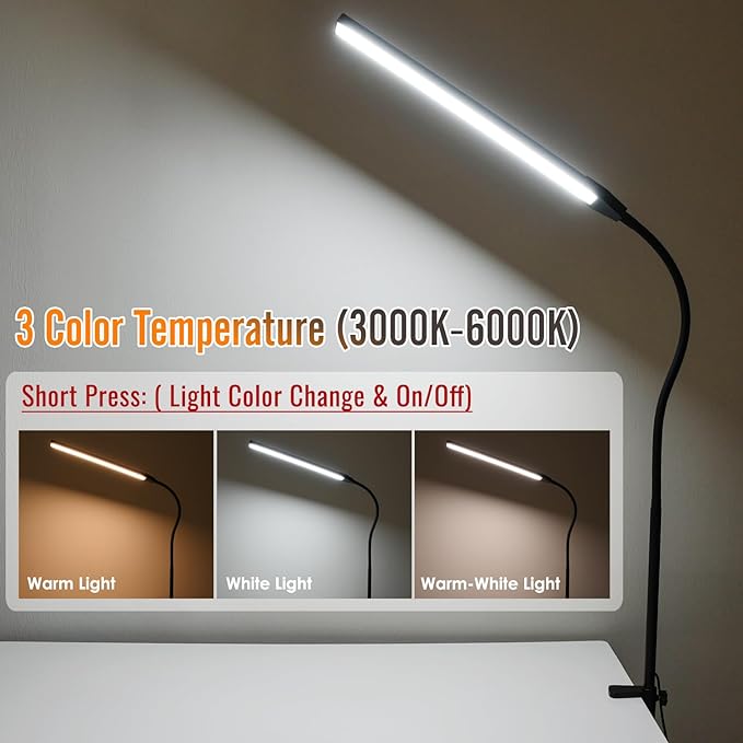 Clamp on Lamp, CeSunligt LED Desk Lamp, 12W, 800 LMS, 3 Color Modes, Multi Brightness Adjustable, Eye-Caring Touch Task Lamp for Reading, Home, Office (Adapter Included)