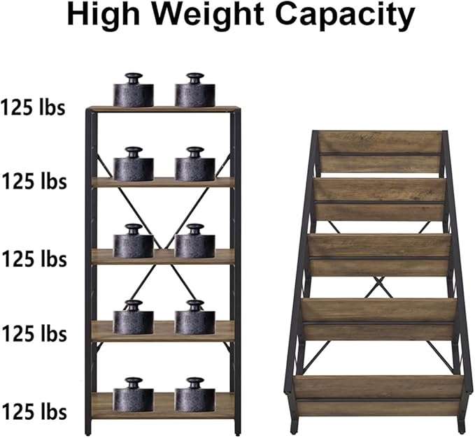 FOLUBAN 5 Tier Tall Bookshelf, Industrial Vintage Book Shelf, Rustic Wood and Metal Bookcase for Home Office Bedroom, Oak