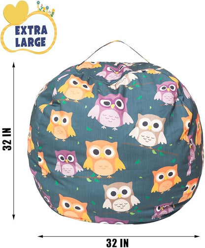 Stuffed Animal Storage Bean Bag Chair Cover, Hold Kids Plush Toys Blankets Towels Beanbag (Cover Only), Canvas Floor Circle Stuff Sit Seat Sofa with YKK Zipper, Large 32", Owl
