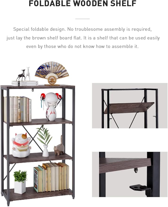Bookshelf,4-Tier Folding Bookcase,Industrial Book Shelf,Rustic Wood Storage Shelves,Tall Bookshelf,Shelves For Bedroom,Office,Kitchen,Living Room,Study Room,No Assembly Folding Bookshelf,Black