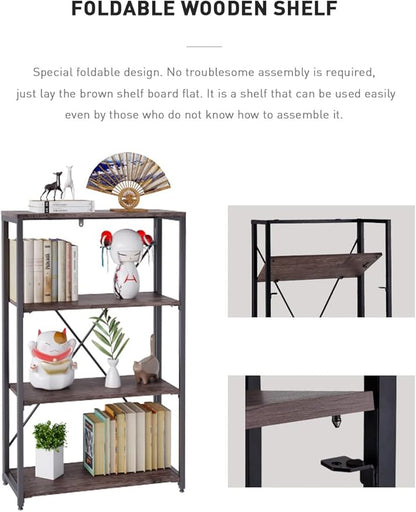 Bookshelf,4-Tier Folding Bookcase,Industrial Book Shelf,Rustic Wood Storage Shelves,Tall Bookshelf,Shelves For Bedroom,Office,Kitchen,Living Room,Study Room,No Assembly Folding Bookshelf,Black