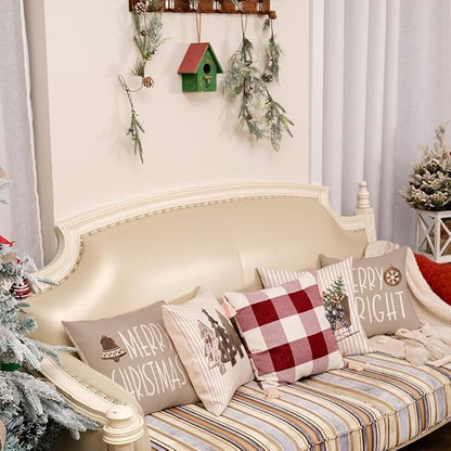 GEEORY Christmas Pillow Covers 16 x 16 Inch Set of 4, Striped Wooden Tree Snow Sleigh Merry Bright Xmas Holiday Decor Decorative Throw Cushion Case Decoration for Home Party Sofa Couch (Brown)