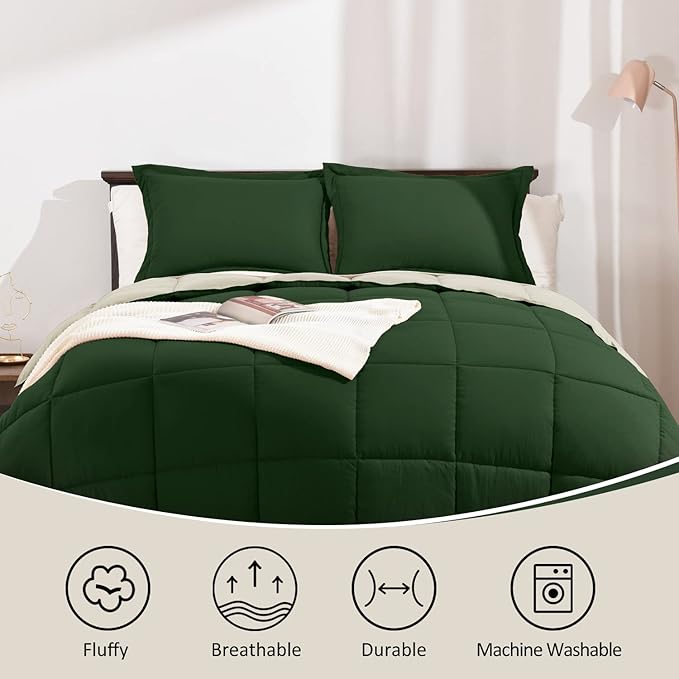 Basic Beyond Queen Comforter Set - Fluffy Comforter Queen Set for All Seasons - Reversible Forest Green Queen Comforter Set for Mens - 3 Pieces (1 Comforter + 2 Pillow Shams) - Forest Green/Ivory