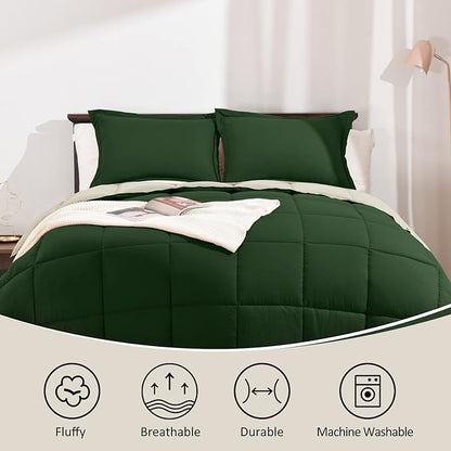 Basic Beyond King Size Comforter Set - Fluffy King Bed Comforter Set for All Seasons - Reversible Forest Green King Size Comforter Set - 3 Pieces (1 Comforter + 2 Pillow Shams) - Forest Green/Ivory